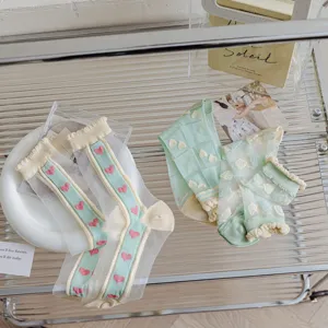 Detailed view of cute sheer mesh socks featuring heart and plaid patterns for women summer wear.