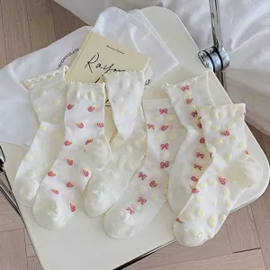 Women's Cute Japanese Style Thin Sheer Mid-Calf Socks Sweet Strawberry Bowknot Jacquard White Fashion Casual Hosiery