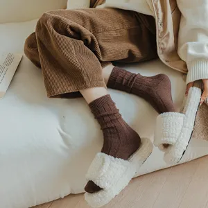 Women brown ribbed mid-tube slouch socks comfortable casual daily wear warm winter new.