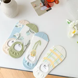Women summer thin mesh low cut boat socks cute floral plaid invisible anti slip short socks
