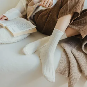 Women's warm wool knit ribbed mid-calf socks vintage cozy winter casual style socks