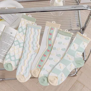 Women's Cute Japanese Style Sheer Slouch Socks Sweet Ruffle Trim Mesh Grid Heart Floral Transparent Crew Socks