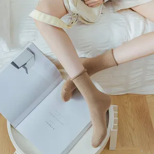Chaussettes unies à rebords pour femmes style japonais coton doux chaussettes décontractées
