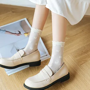 Cute Japanese style white mid-calf socks for women, sweet JK bow sheer spring summer thin socks.