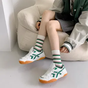 Green striped mid-tube socks for women, cute Japanese college style casual autumn winter hosiery.