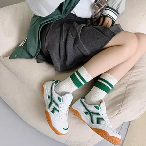 Green striped mid-tube socks for women, Japanese college style fashion autumn winter daily wear