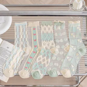 Sheer thin women socks cute heart diamond mesh pastel summer casual daily hosiery set