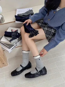 Blue grey vintage ruffles mid-calf socks sweet JK style daily wear breathable cotton socks