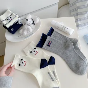 Cute dog embroidered mid-tube socks for women, Korean style cozy casual cotton socks.