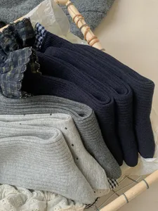 Blue-grey women mid-tube socks with delicate lace trim, versatile Japanese ins style daily wear.