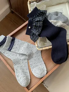 Women blue grey mid tube socks ruffle pearl trim polka dot cute sweet aesthetic cotton hosiery