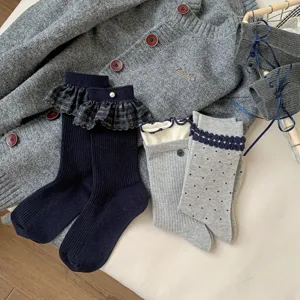 Women's blue-gray mid-tube socks with cute lace ruffles and polka dots, cozy cotton knit.