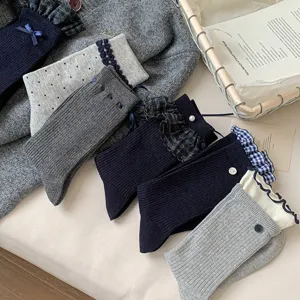 Women Casual Mid-Calf Socks Japanese Ins Style Cute Lace Trim Bowknot Cotton Blend Fashion Hosiery