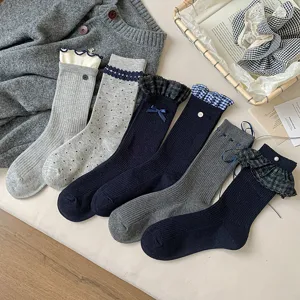 Blue-gray women mid-calf socks ruffles bows cute ins style cotton blend hosiery daily wear