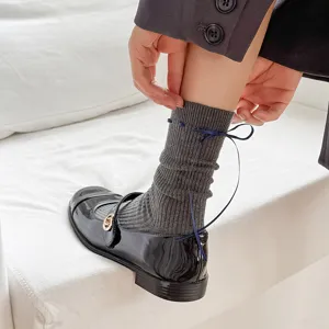 Blue grey mid-calf socks for women with dark blue ribbon bow, chic lace-up design, breathable.