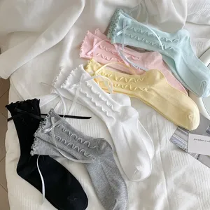 Women Sweet Ruffle Trim Ribbon Bow Crew Socks Japanese JK Lolita Cute Cotton Blend Casual Mid Tube Socks Hosiery
