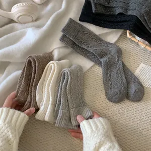 Primo piano dettagliato di calzini invernali spessi a trecce con texture morbida e calda.