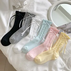 Cute sweet women ruffle mid-tube socks with ribbon bow, Korean style casual cotton hosiery.