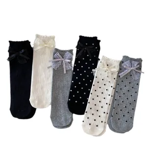 Sweet polka dot lace bow mid-tube socks, cute Korean style JK slouch socks for women winter