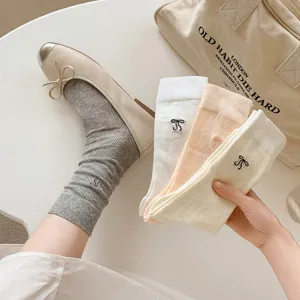 Women bow embroidery mesh mid-tube socks, sweet ballet style cute slouch socks for spring.