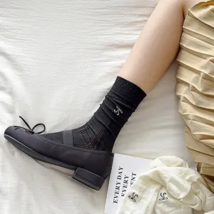 Sweet bow embroidered mesh mid-tube socks for women, trendy ballet style breathable summer wear.