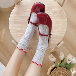 Women ballet style lace ruffle stack socks with red shoes, breathable summer thin calf socks.