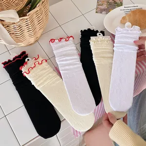 Women summer lace ruffle slouch socks breathable hollow out ballet style calf socks white black