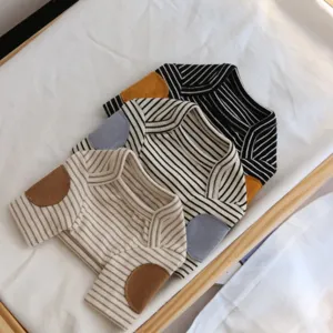 Cute striped pet sweatshirt with elbow patches, cozy autumn winter clothes for small dogs.