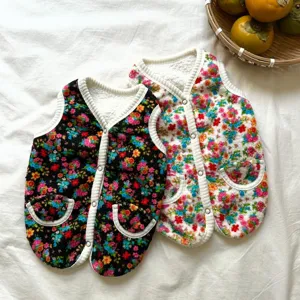 Floral pet winter vest for small dogs cats, warm fleece padded jacket with snap buttons detail.