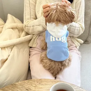 Adorable blue and white dog hoodie with cute pocket and letter print for small pets.