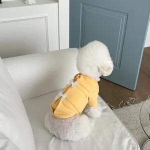 Detail of a cute pet winter warm sweatshirt with bow design worn by a small dog indoors.