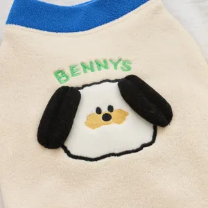 Thickened winter warm dog fleece hoodie with cute 3D ears and cartoon puppy embroidery detail.
