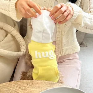 Cute yellow and white pet hoodie detail, soft fabric with pocket and cute letter print design.