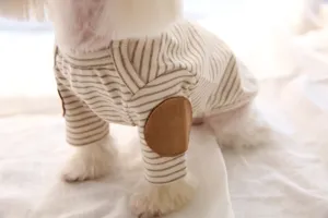 Cute striped pet sweatshirt with elbow patches, cozy knit apparel for small dogs and cats.