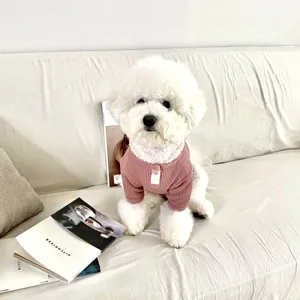 Detailed view of pink ribbed pet sweater for small dogs, stylish autumn winter dog base shirt.
