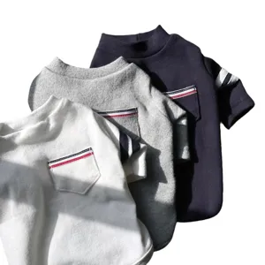 Stylish pet dog cat sweatshirt with pocket, warm autumn winter striped clothes for small pets.