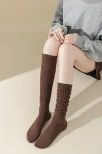 Brown knit knee-high slouch socks for women, cozy winter thermal long socks, college style jk.