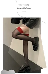 Black over the knee sheer stockings with sexy red contrast band detail close up shot view