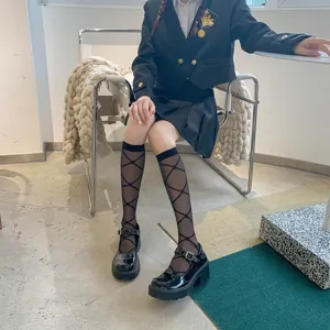 Japanese style sheer knee high socks with grid pattern, black mesh calf socks for women.