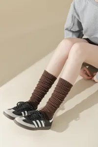 Brown ribbed knit slouch socks, knee high long boot socks for women JK Japanese style