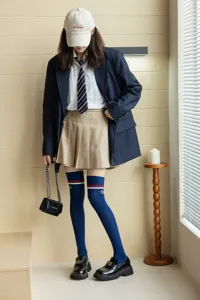 Japanese style JK college over-knee socks with cute embroidery and classic double stripes design.