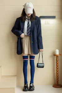 Japanese style knee high socks for women, retro navy blue over the knee knit stockings