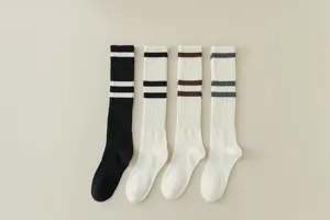 Detailed view of women ribbed knee high socks with double stripes in various colors.