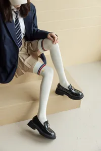 Japanese college style white over knee socks for women, ribbed knit long winter socks with stripes.