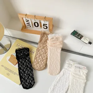 Sheer lace ruffle mid-tube socks sweet Lolita style breathable thin socks for women 4 pairs