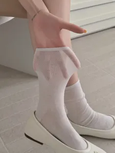 Detailed shot of sheer white breathable socks showing high elasticity and thin texture quality.