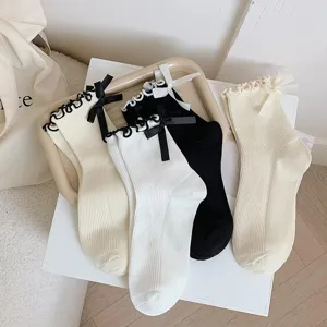 Chaussettes mi-hautes mignonnes dentelle nœud JK, chaussettes Lolita coton noir et blanc doux.