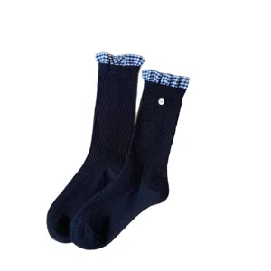 Comfortable dark blue mid-calf women socks with cute gingham ruffle cuffs and button.