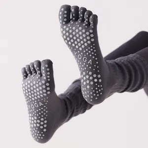 Calzini da yoga grigi a cinque dita con punti antiscivolo, calze professionali pilates donna