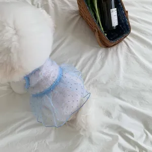 Cute summer pet mesh dress for dogs and cats, breathable blue dot puppy clothes for small pets.